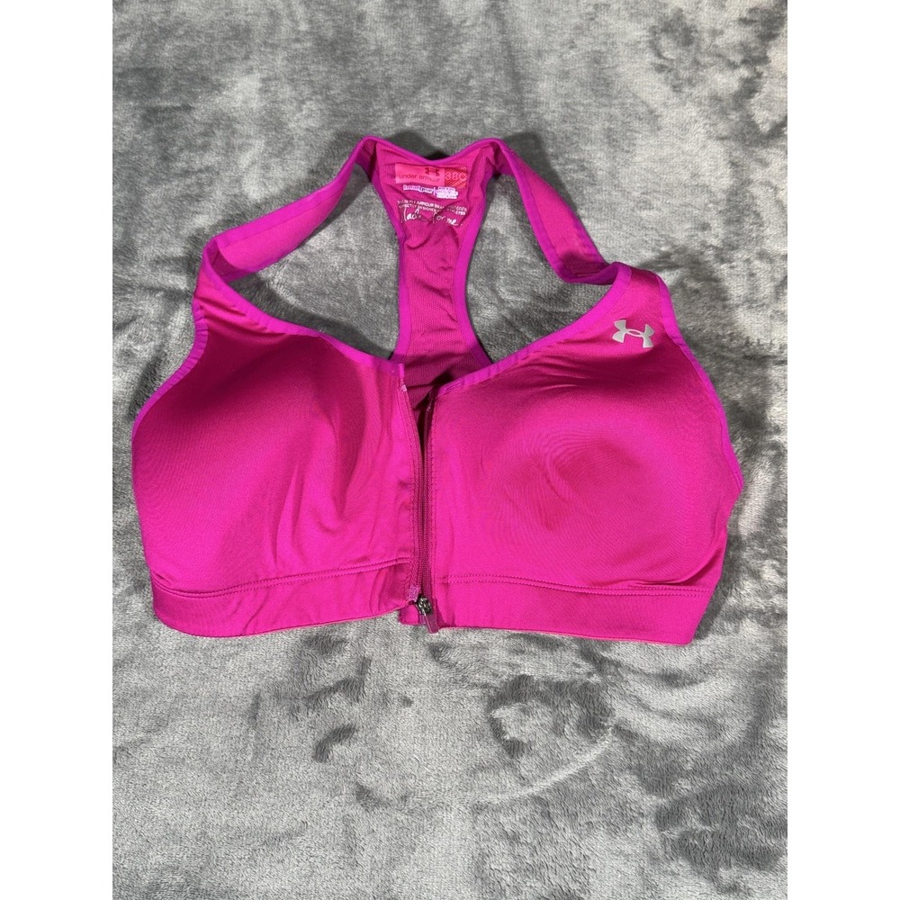 Under Armour Sports Bra Womens 38C Pink Front Zip Racerback HeatGear Gym Workout